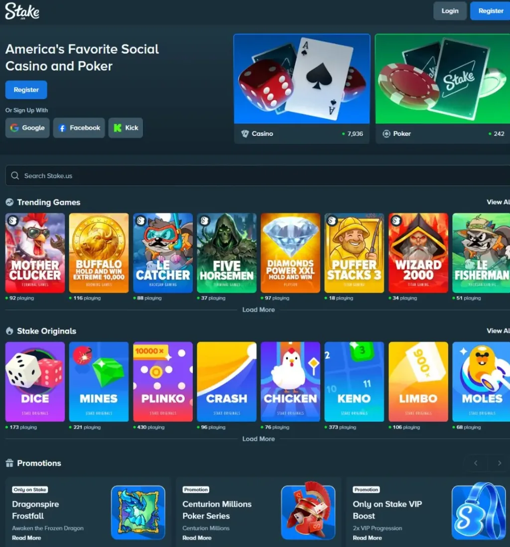 A dark lobby: sign-in and register buttons at the top, then two rows of game cards under the headings Trending Games and Stake Originals, each card showing how many people are playing.